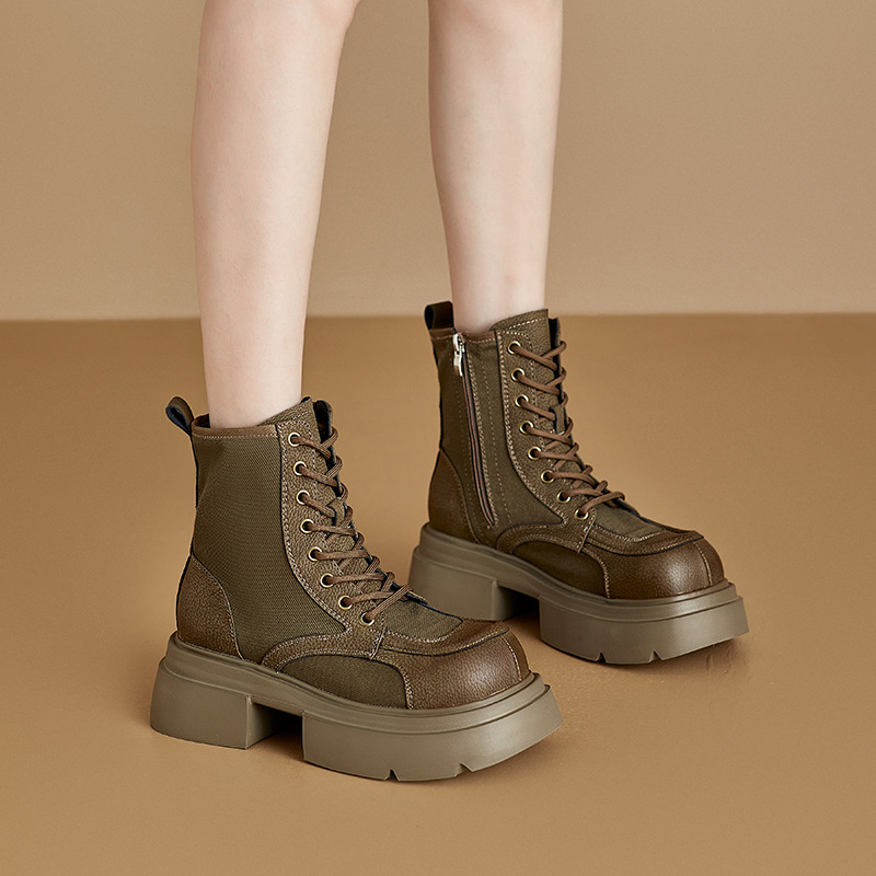 Women's British Style Leather Martin Boots, Yellow Chunky Heel Lace-Up Mid-Calf Boots
