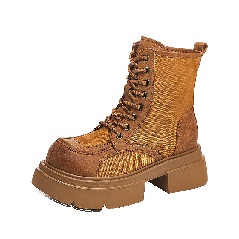 Women's British Style Leather Martin Boots, Yellow Chunky Heel Lace-Up Mid-Calf Boots