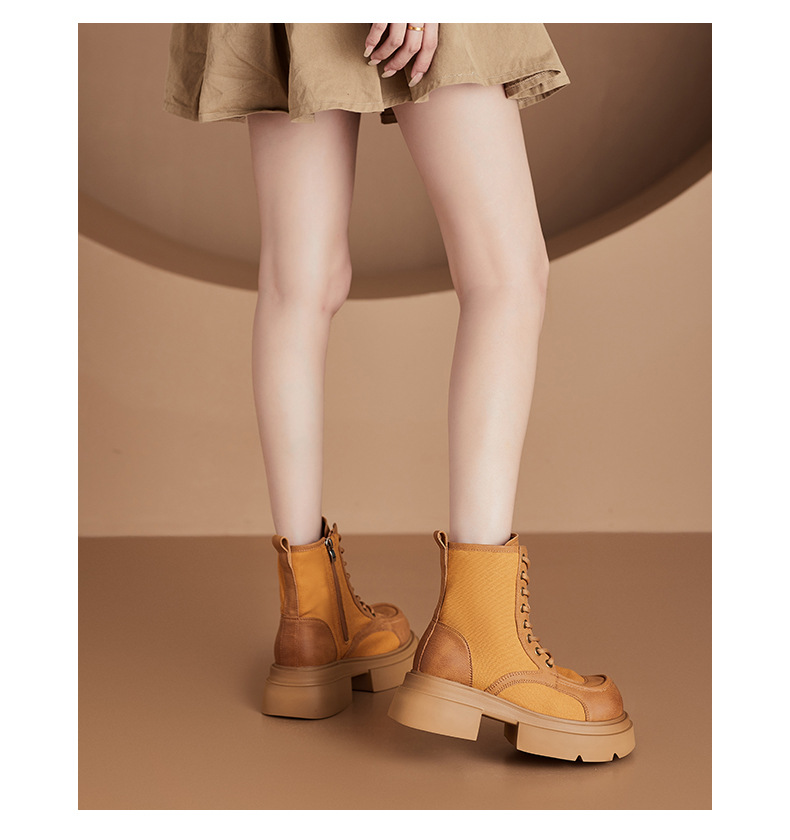 Women's British Style Leather Martin Boots, Yellow Chunky Heel Lace-Up Mid-Calf Boots