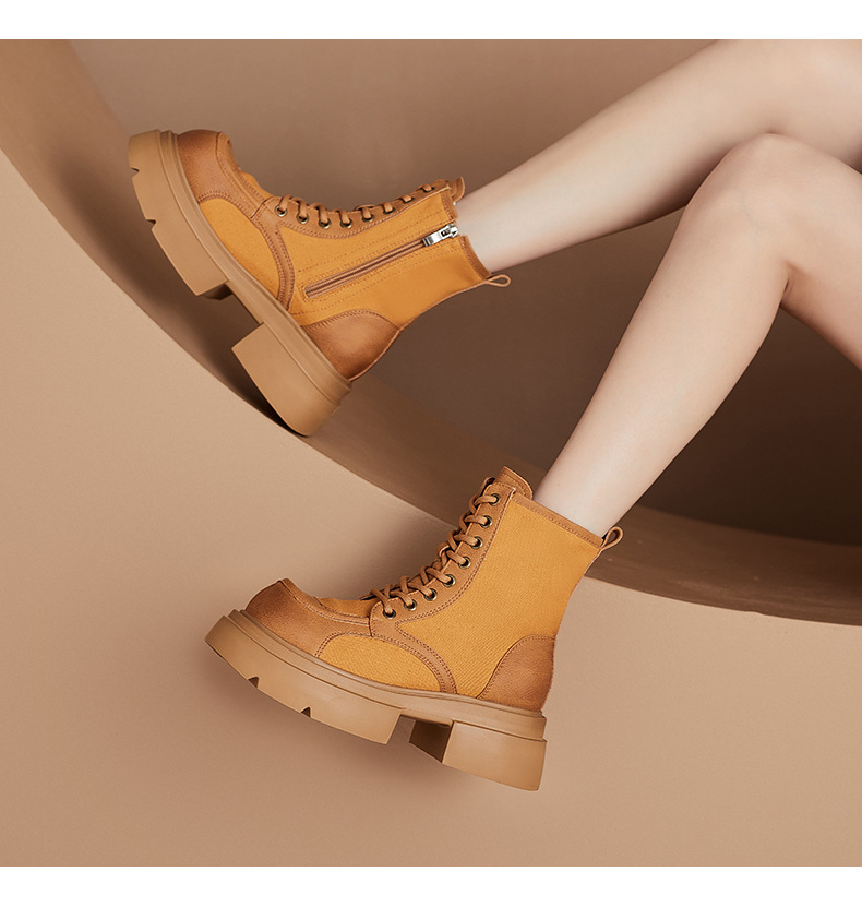 Women's British Style Leather Martin Boots, Yellow Chunky Heel Lace-Up Mid-Calf Boots