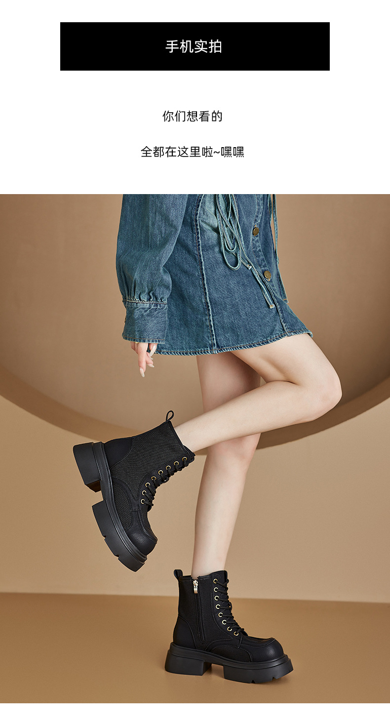 Women's British Style Leather Martin Boots, Yellow Chunky Heel Lace-Up Mid-Calf Boots