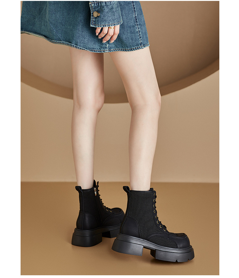 Women's British Style Leather Martin Boots, Yellow Chunky Heel Lace-Up Mid-Calf Boots