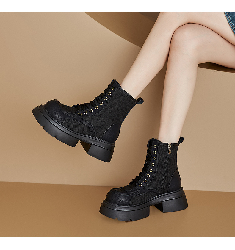 Women's British Style Leather Martin Boots, Yellow Chunky Heel Lace-Up Mid-Calf Boots