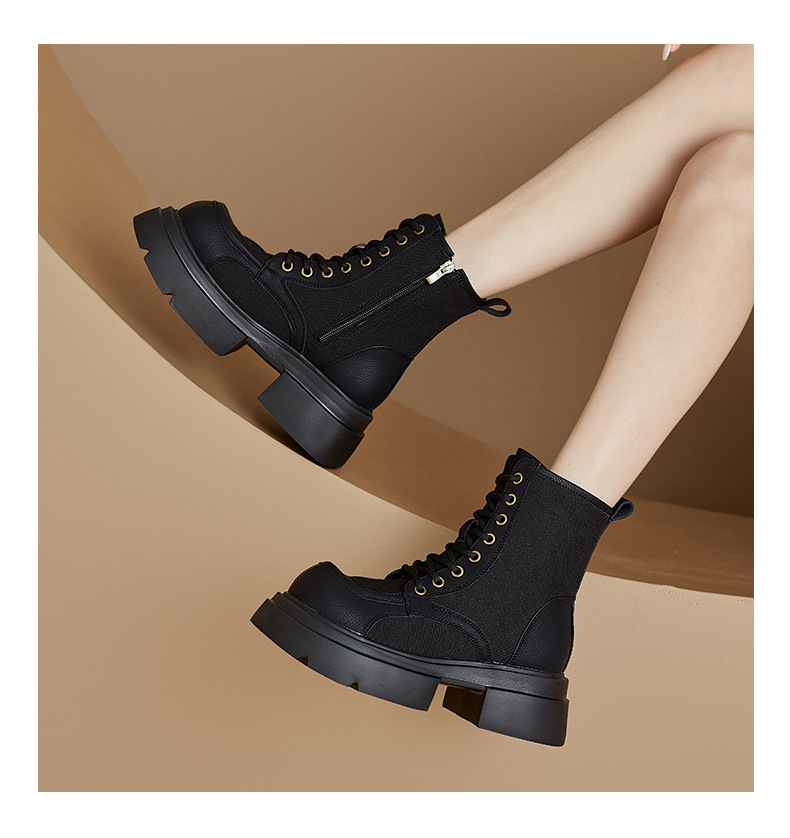 Women's British Style Leather Martin Boots, Yellow Chunky Heel Lace-Up Mid-Calf Boots