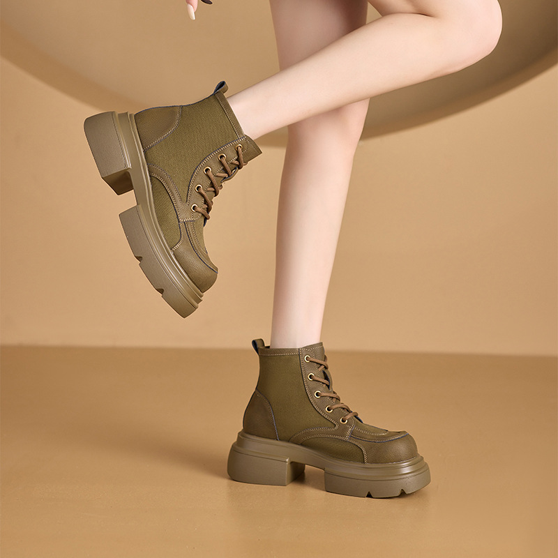 Women's Yellow Platform Martin Boots with Lace-Up and Hidden Heel