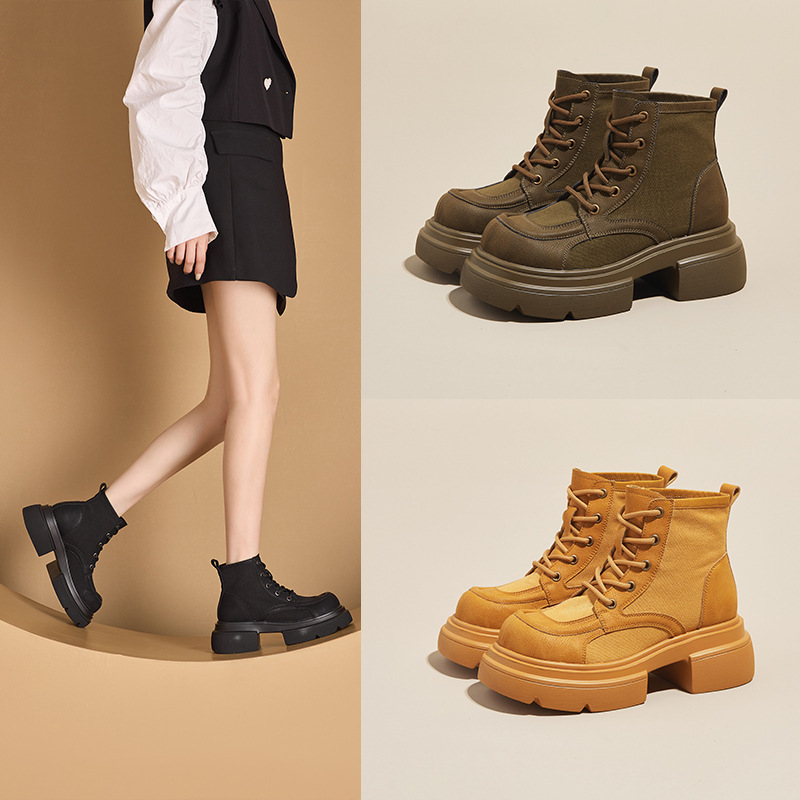 Women's Yellow Platform Martin Boots with Lace-Up and Hidden Heel