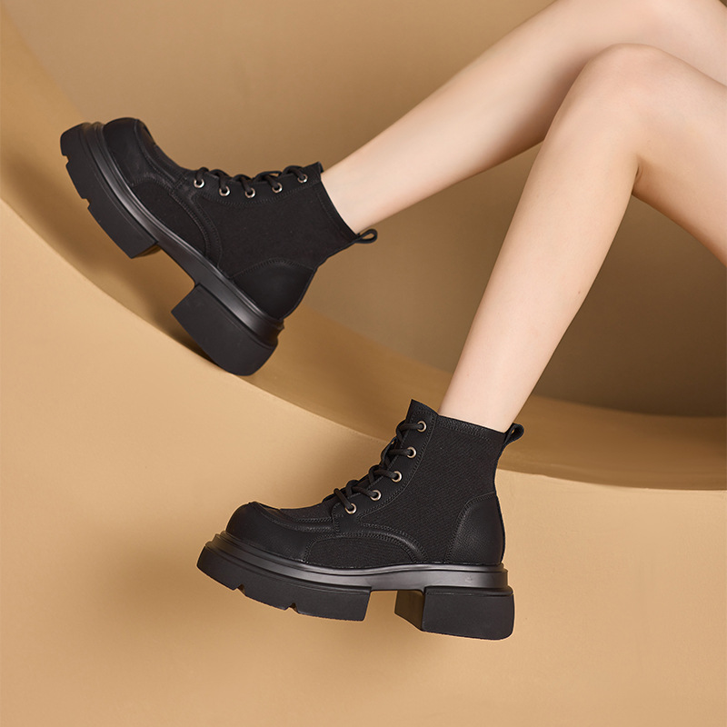 Women's Yellow Platform Martin Boots with Lace-Up and Hidden Heel