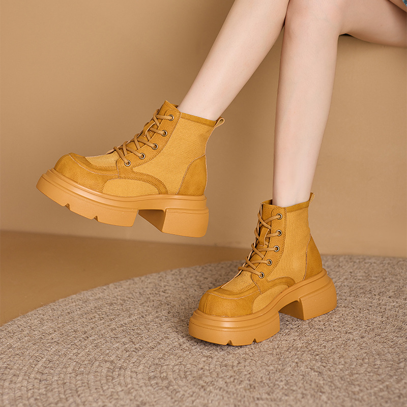 Women's Yellow Platform Martin Boots with Lace-Up and Hidden Heel
