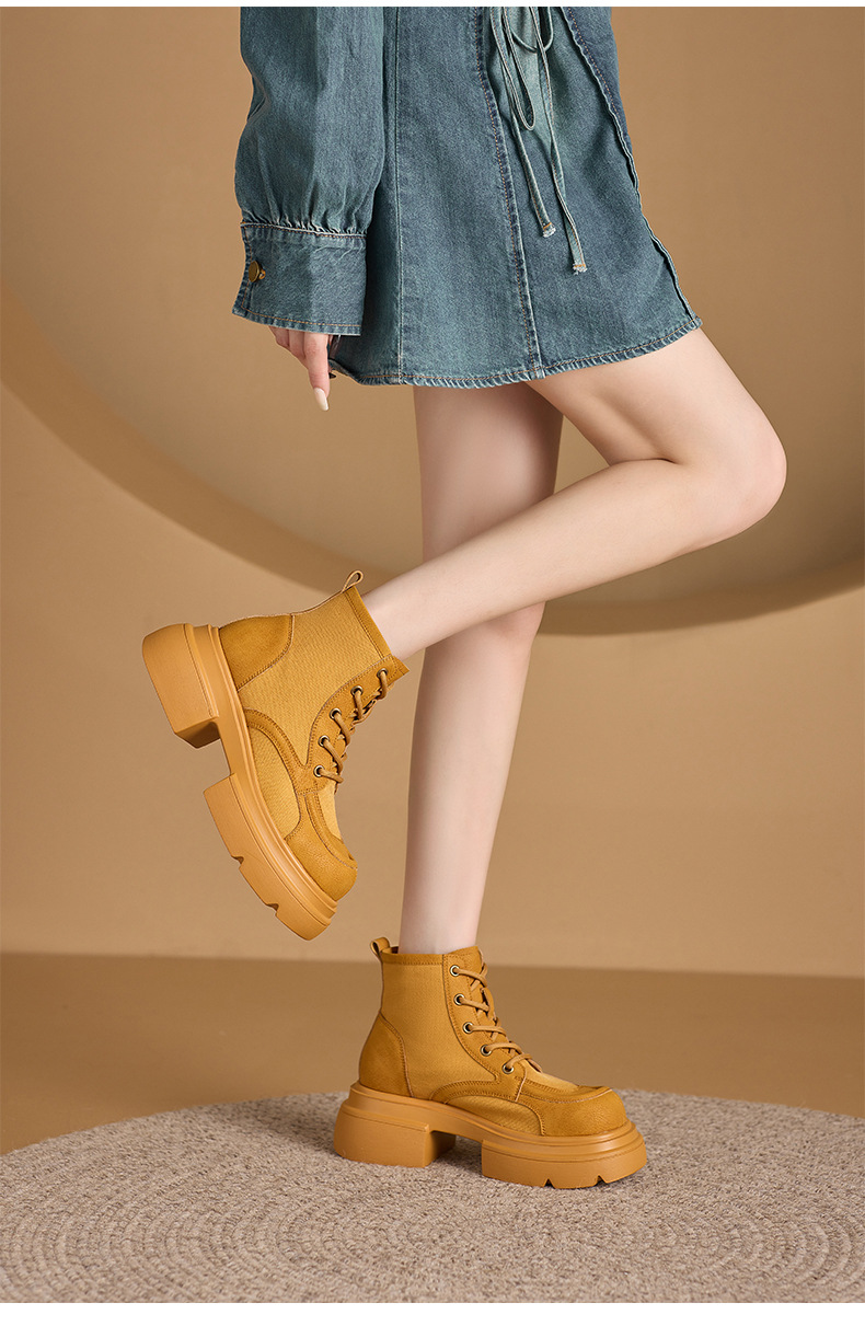 Women's Yellow Platform Martin Boots with Lace-Up and Hidden Heel