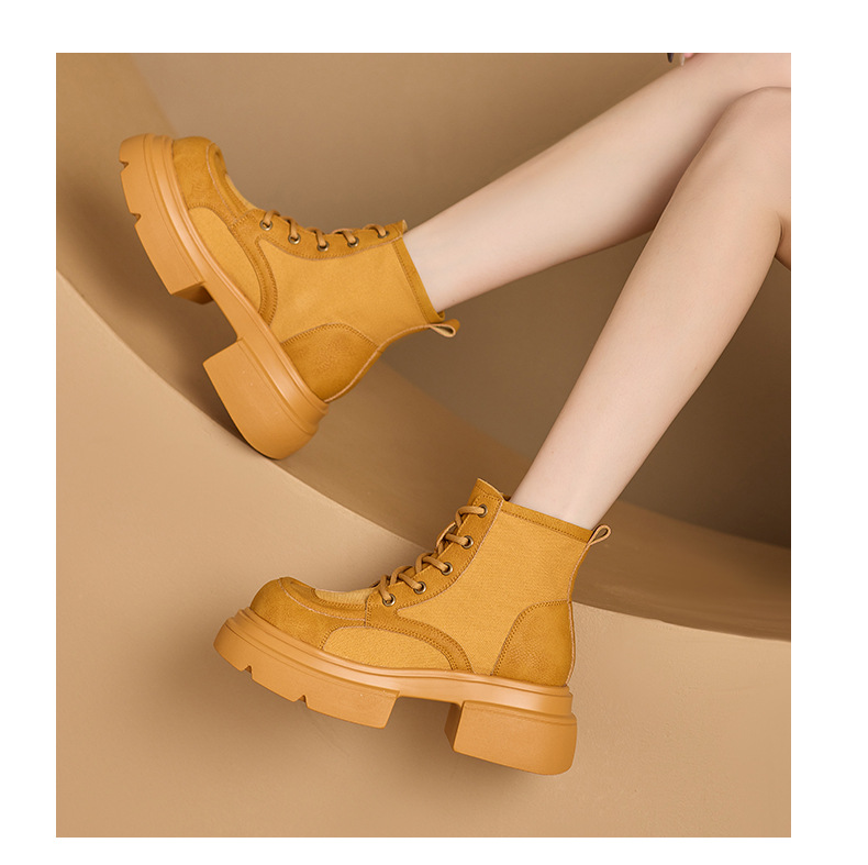 Women's Yellow Platform Martin Boots with Lace-Up and Hidden Heel