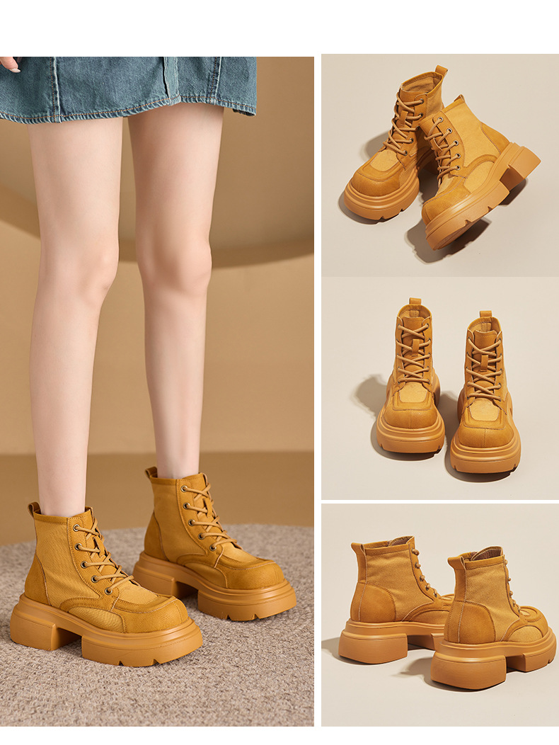 Women's Yellow Platform Martin Boots with Lace-Up and Hidden Heel