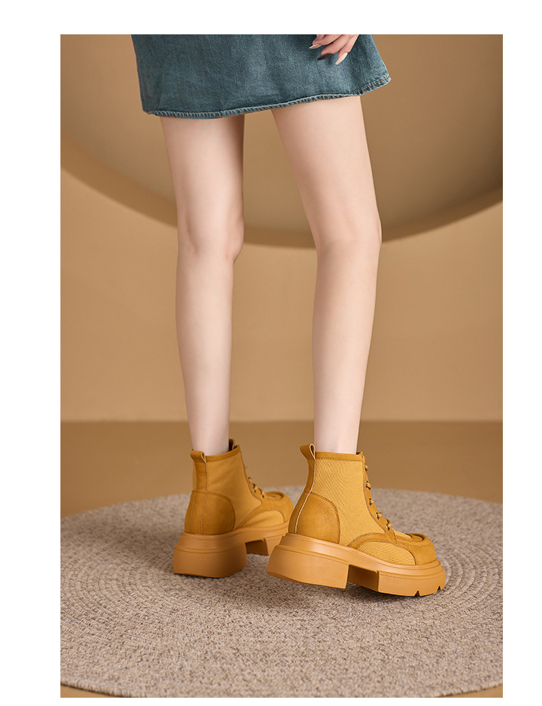 Women's Yellow Platform Martin Boots with Lace-Up and Hidden Heel
