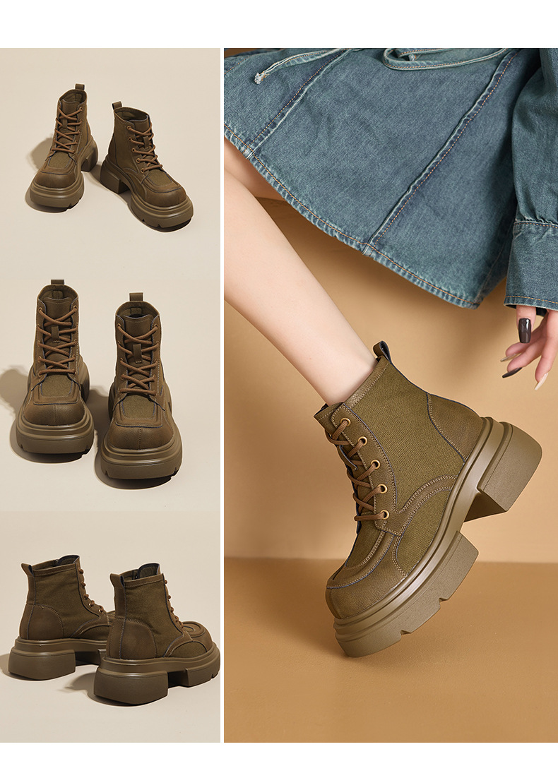 Women's Yellow Platform Martin Boots with Lace-Up and Hidden Heel