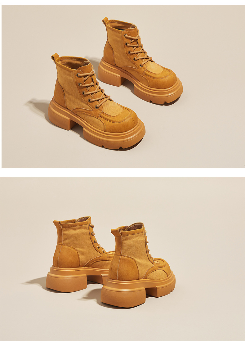 Women's Yellow Platform Martin Boots with Lace-Up and Hidden Heel