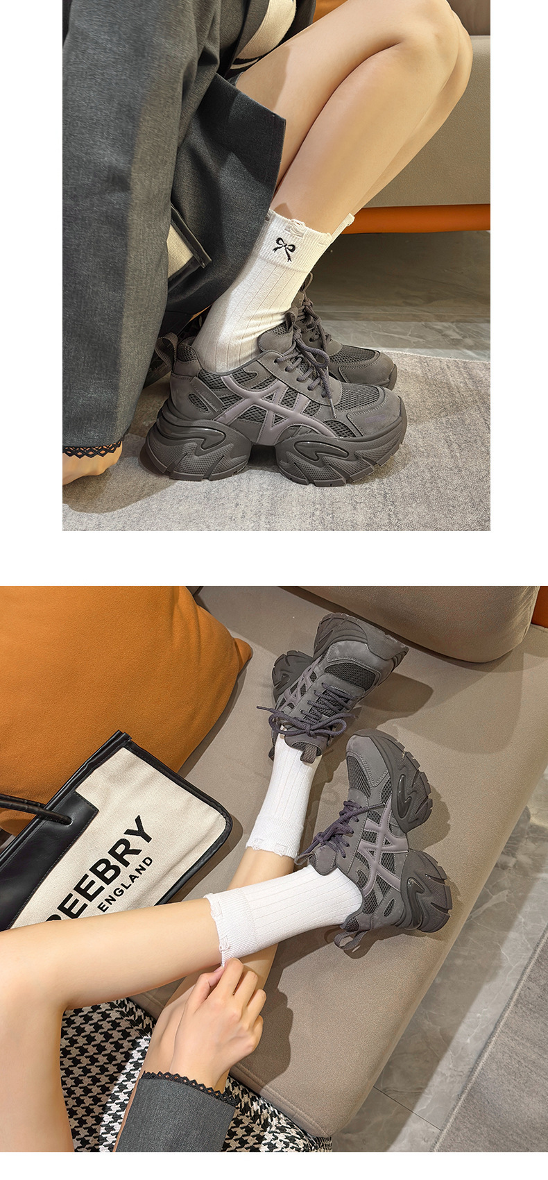 Women Chunky Platform Sneakers, High Heel 6-8cm Casual Shoes for Fall Winter