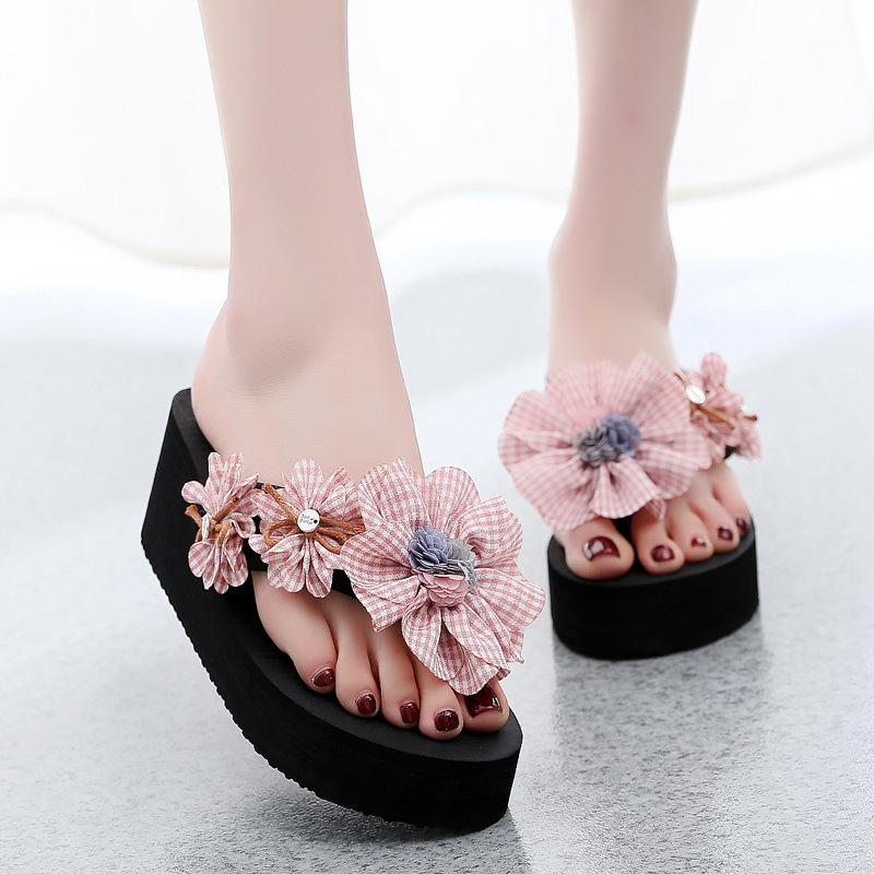 Women's 6cm Platform Flip Flops with Plaid Flower, Non-Slip Thick Sole EVA Beach Sandals