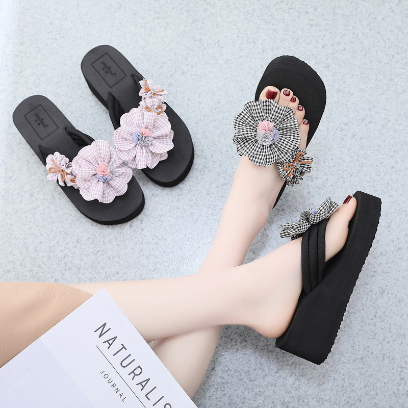 Women's 6cm Platform Flip Flops with Plaid Flower, Non-Slip Thick Sole EVA Beach Sandals