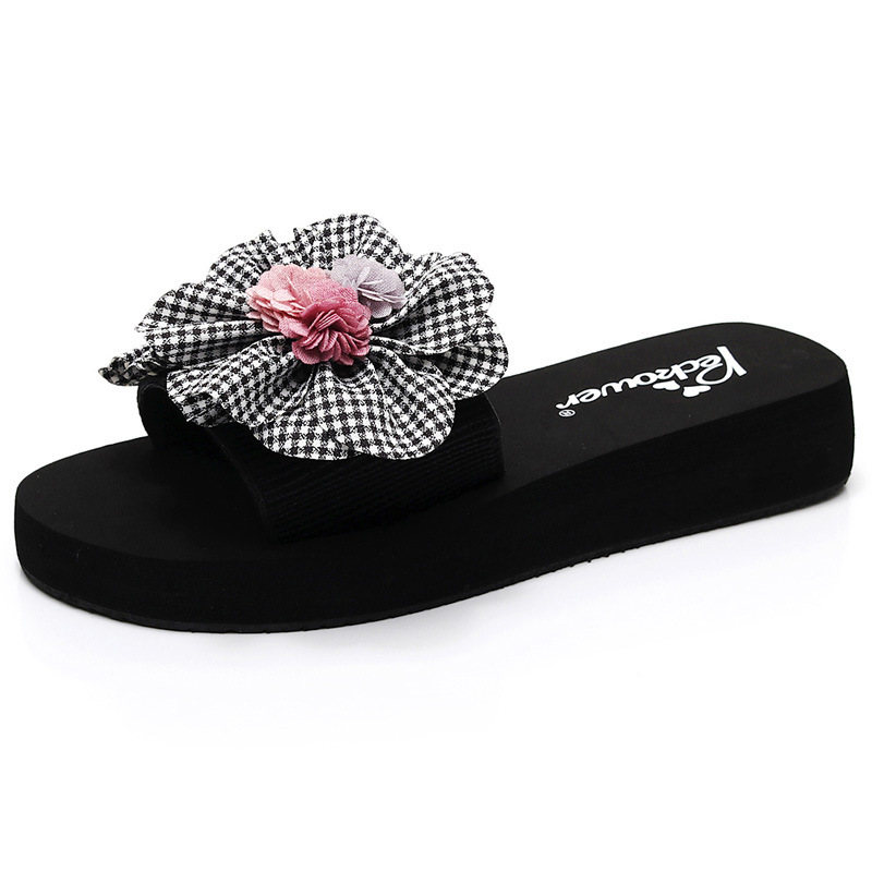 Women's 6cm Platform Flip Flops with Plaid Flower, Non-Slip Thick Sole EVA Beach Sandals