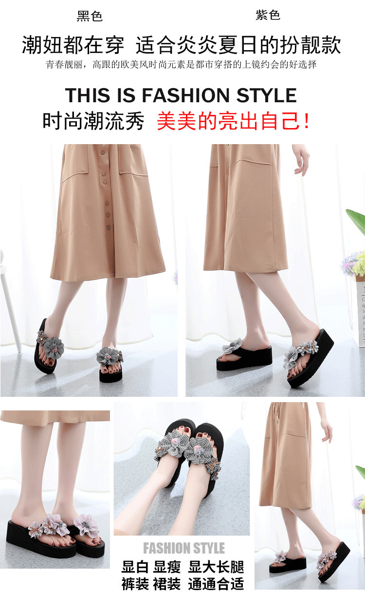 Women's 6cm Platform Flip Flops with Plaid Flower, Non-Slip Thick Sole EVA Beach Sandals