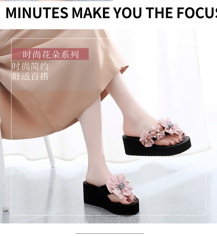 Women's 6cm Platform Flip Flops with Plaid Flower, Non-Slip Thick Sole EVA Beach Sandals