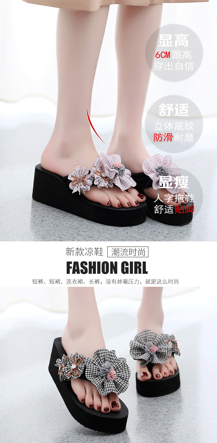 Women's 6cm Platform Flip Flops with Plaid Flower, Non-Slip Thick Sole EVA Beach Sandals