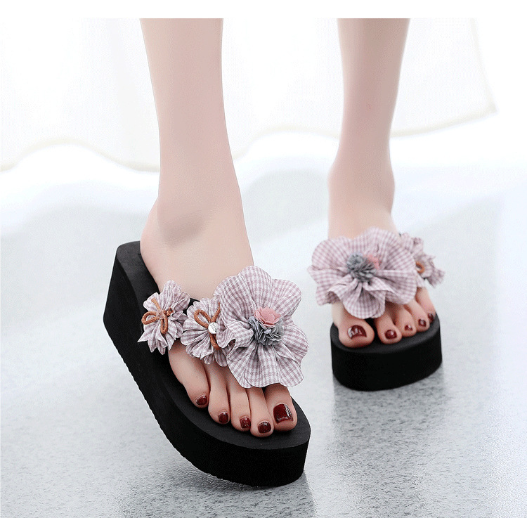 Women's 6cm Platform Flip Flops with Plaid Flower, Non-Slip Thick Sole EVA Beach Sandals