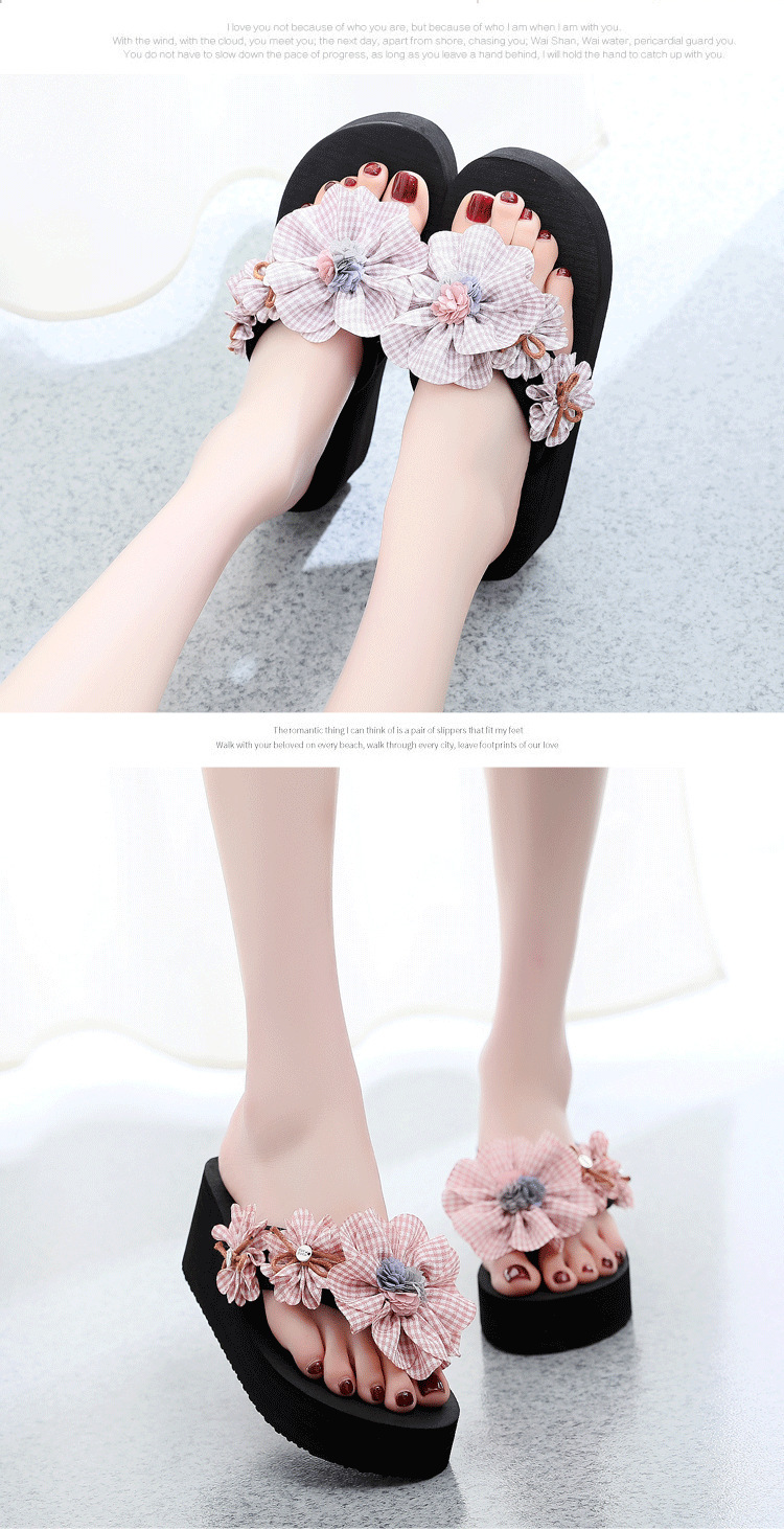 Women's 6cm Platform Flip Flops with Plaid Flower, Non-Slip Thick Sole EVA Beach Sandals