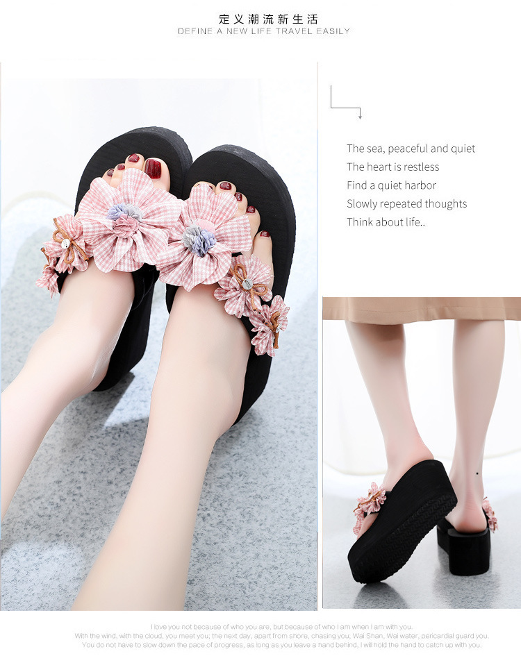 Women's 6cm Platform Flip Flops with Plaid Flower, Non-Slip Thick Sole EVA Beach Sandals
