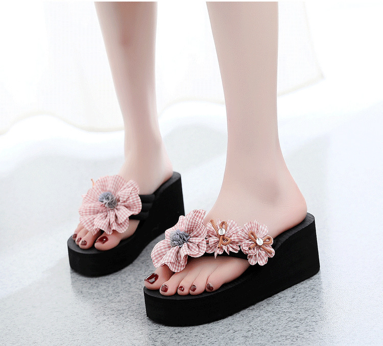 Women's 6cm Platform Flip Flops with Plaid Flower, Non-Slip Thick Sole EVA Beach Sandals