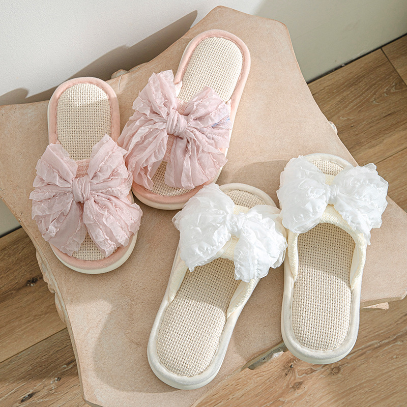 Women's Linen Bow Slippers Open Toe Breathable Indoor Summer Home Slippers