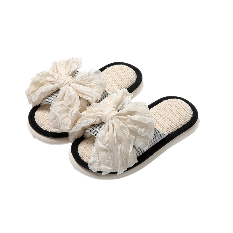 Women's Linen Bow Slippers Open Toe Breathable Indoor Summer Home Slippers