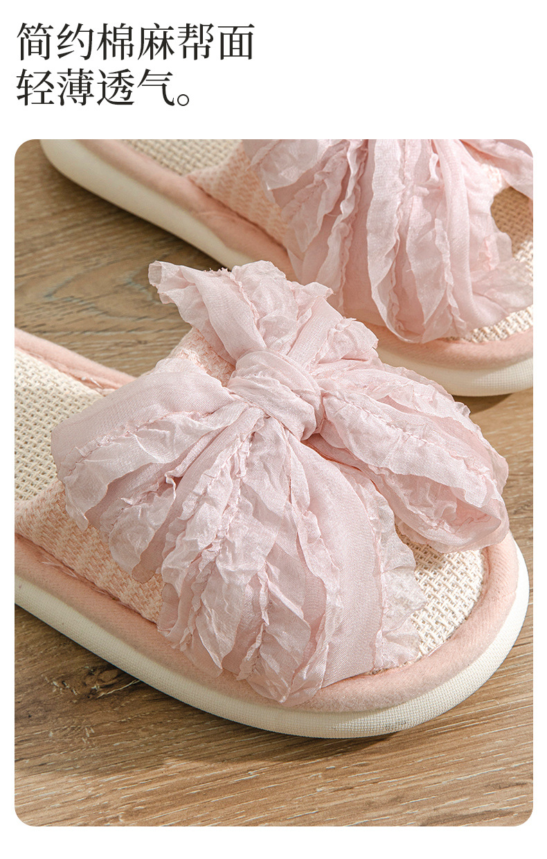Women's Linen Bow Slippers Open Toe Breathable Indoor Summer Home Slippers