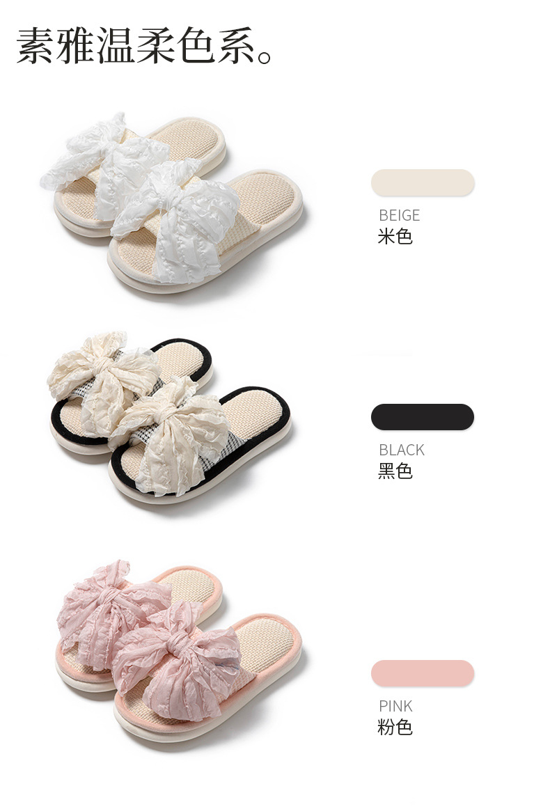 Women's Linen Bow Slippers Open Toe Breathable Indoor Summer Home Slippers