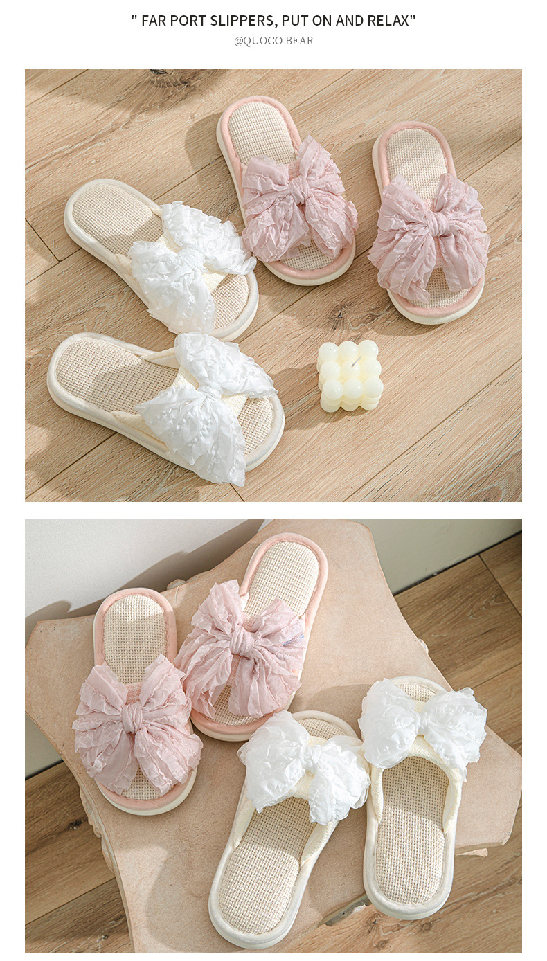 Women's Linen Bow Slippers Open Toe Breathable Indoor Summer Home Slippers