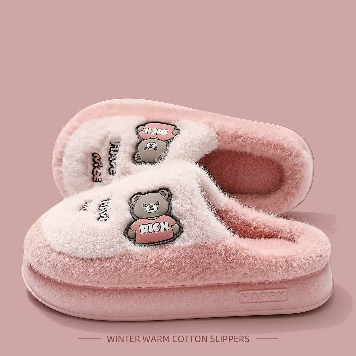 Cartoon Bear Fuzzy House Slippers for Couples, Warm Cozy Indoor Cotton Slippers with EVA Sole