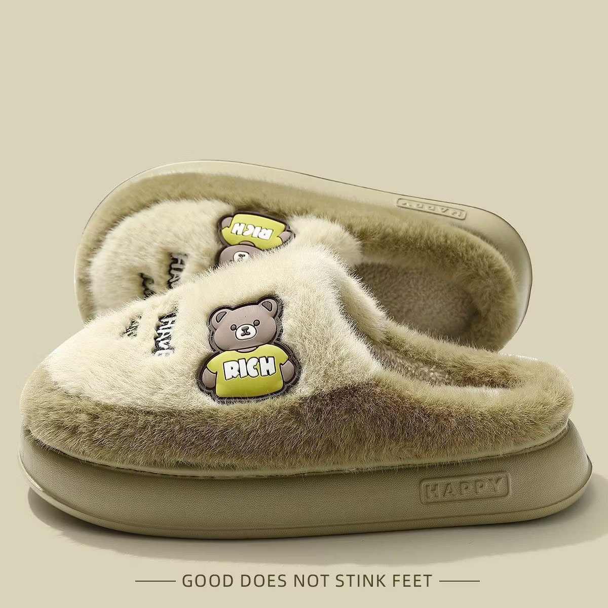 Cartoon Bear Fuzzy House Slippers for Couples, Warm Cozy Indoor Cotton Slippers with EVA Sole