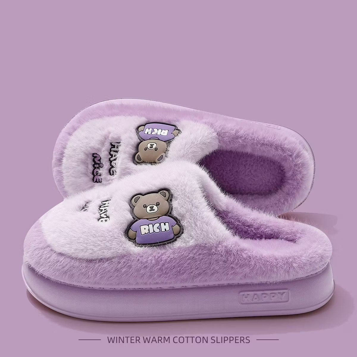 Cartoon Bear Fuzzy House Slippers for Couples, Warm Cozy Indoor Cotton Slippers with EVA Sole
