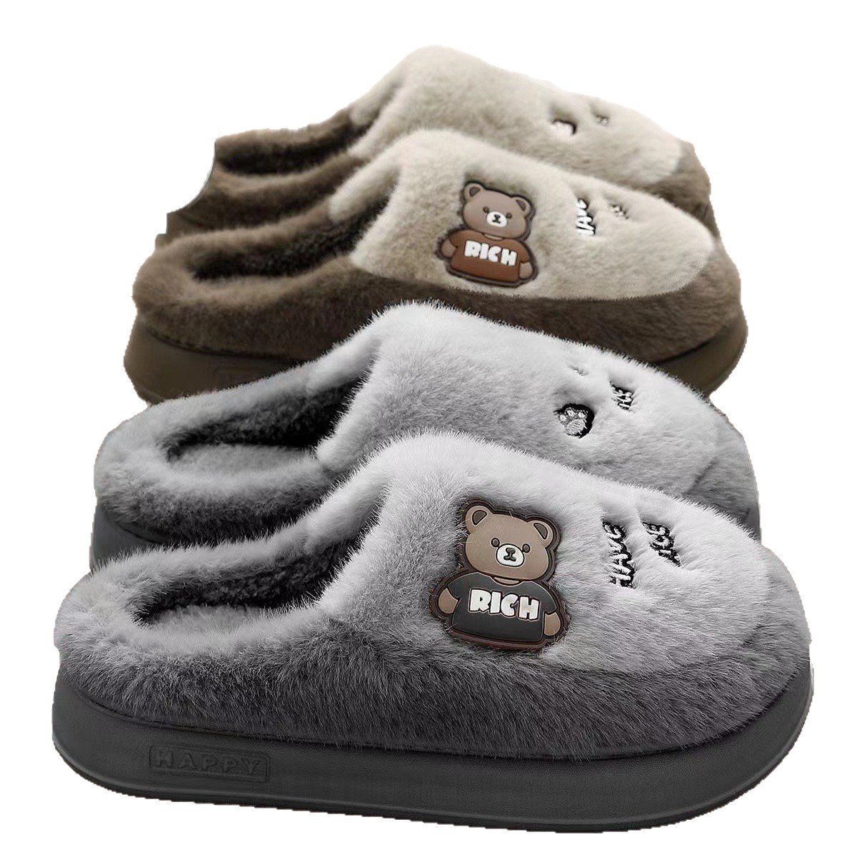 Cartoon Bear Fuzzy House Slippers for Couples, Warm Cozy Indoor Cotton Slippers with EVA Sole