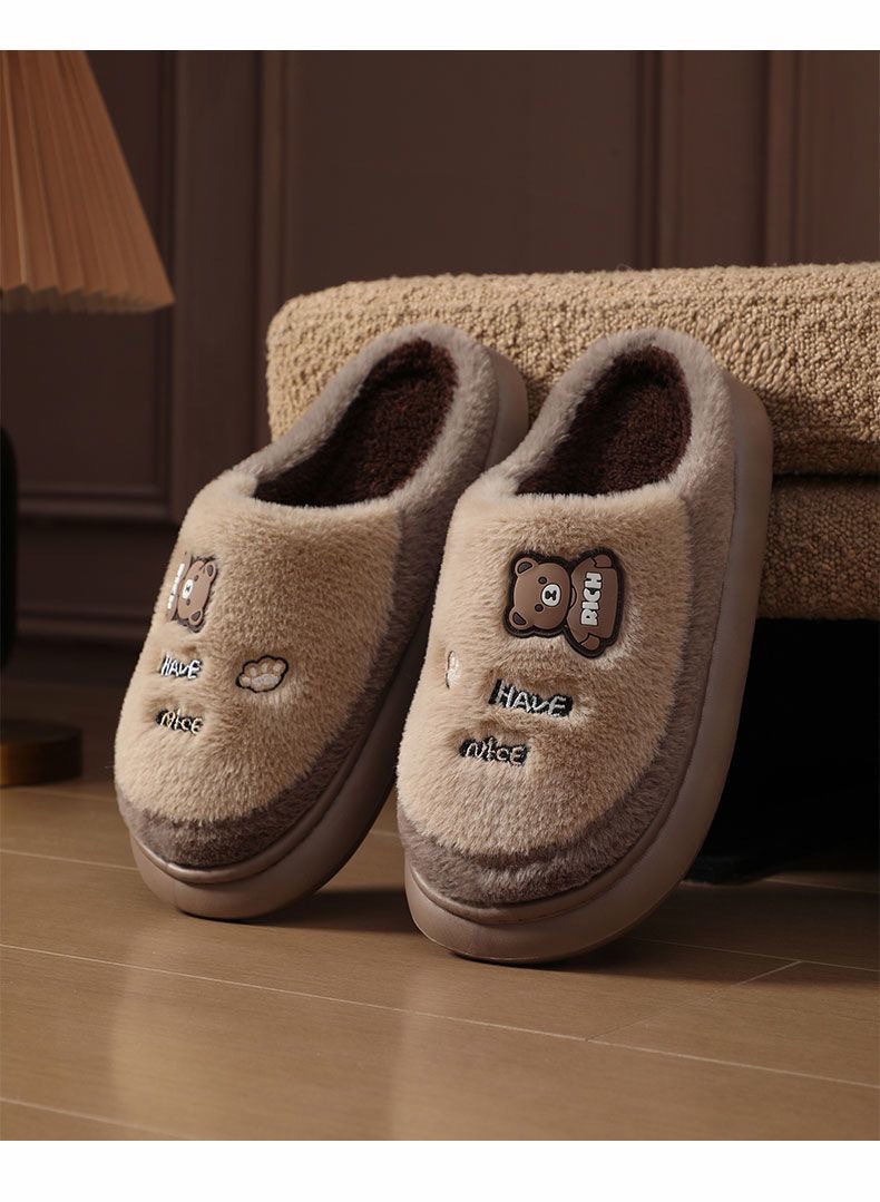 Cartoon Bear Fuzzy House Slippers for Couples, Warm Cozy Indoor Cotton Slippers with EVA Sole
