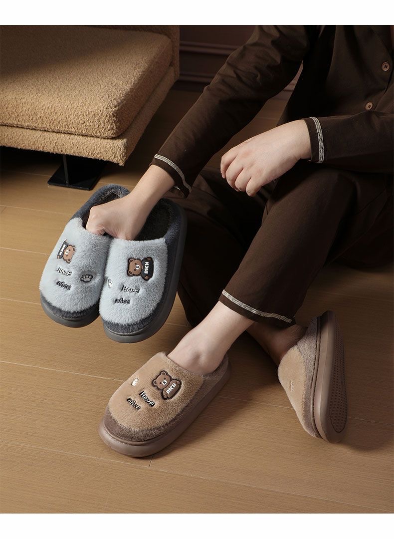 Cartoon Bear Fuzzy House Slippers for Couples, Warm Cozy Indoor Cotton Slippers with EVA Sole