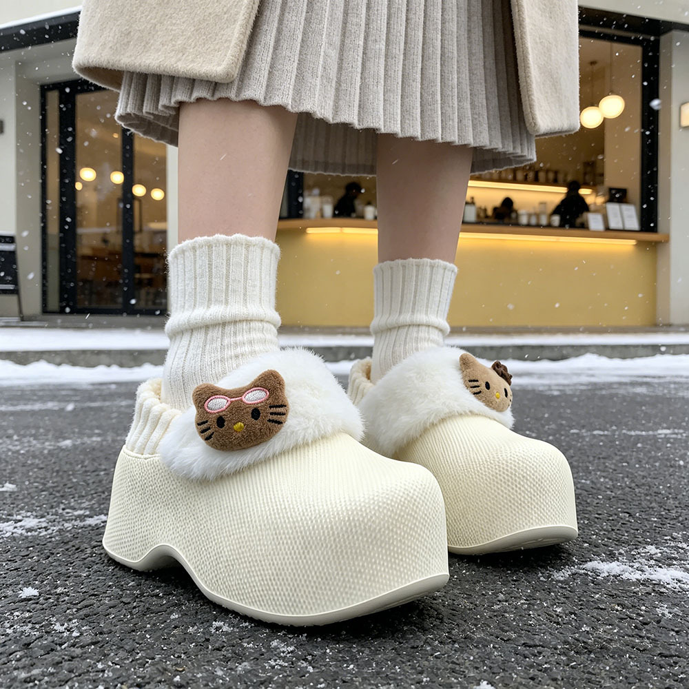 Women EVA Fleece Lined Winter Slippers with Cartoon Cat, Waterproof Warm Platform Slip On Shoes