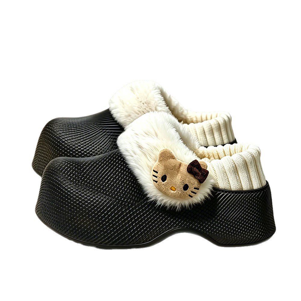 Women EVA Fleece Lined Winter Slippers with Cartoon Cat, Waterproof Warm Platform Slip On Shoes