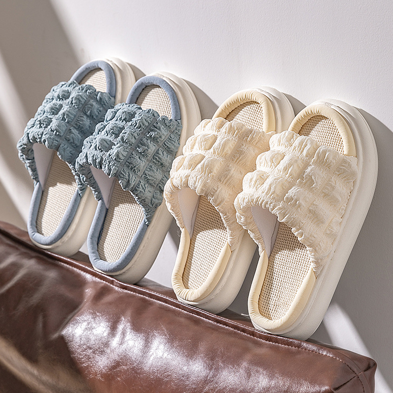 EVA Thick Sole Linen Slippers for Women, Breathable Anti-Slip Open Toe Indoor Home Slippers for Spring Autumn