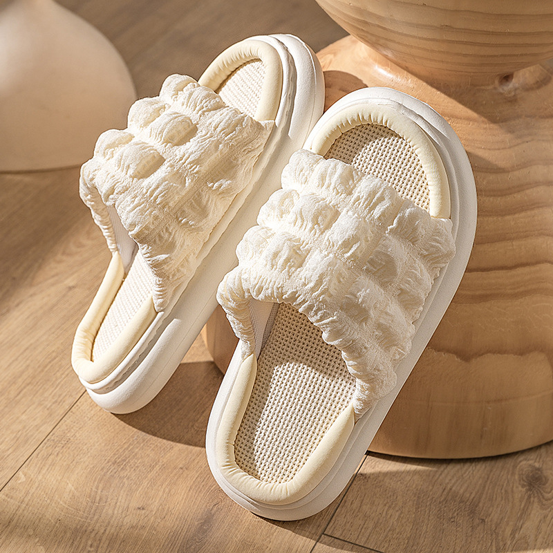EVA Thick Sole Linen Slippers for Women, Breathable Anti-Slip Open Toe Indoor Home Slippers for Spring Autumn