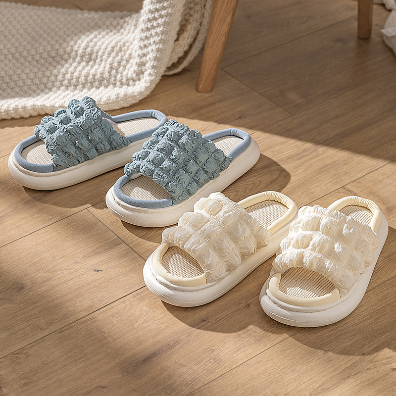 EVA Thick Sole Linen Slippers for Women, Breathable Anti-Slip Open Toe Indoor Home Slippers for Spring Autumn