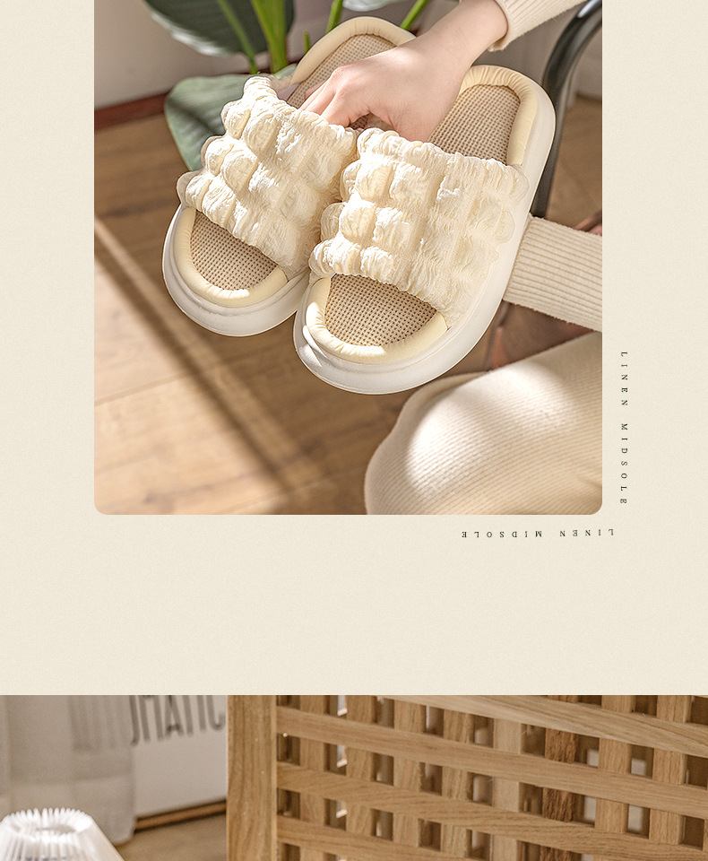 EVA Thick Sole Linen Slippers for Women, Breathable Anti-Slip Open Toe Indoor Home Slippers for Spring Autumn