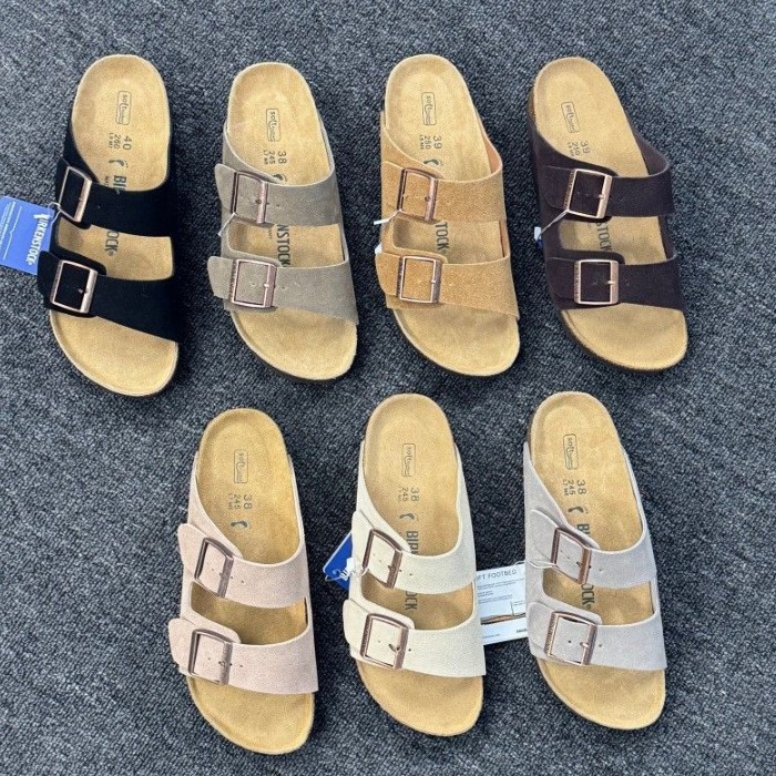 Genuine Leather Cork Two-Buckle Slide Sandals for Men and Women, Lightweight Flat Open-Toe Casual Shoes