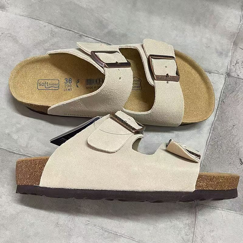 Genuine Leather Cork Two-Buckle Slide Sandals for Men and Women, Lightweight Flat Open-Toe Casual Shoes