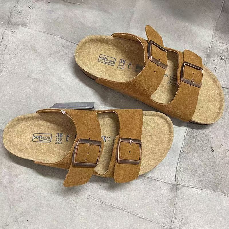 Genuine Leather Cork Two-Buckle Slide Sandals for Men and Women, Lightweight Flat Open-Toe Casual Shoes