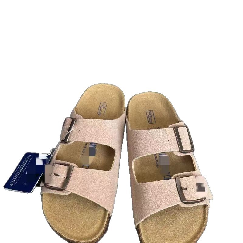 Genuine Leather Cork Two-Buckle Slide Sandals for Men and Women, Lightweight Flat Open-Toe Casual Shoes